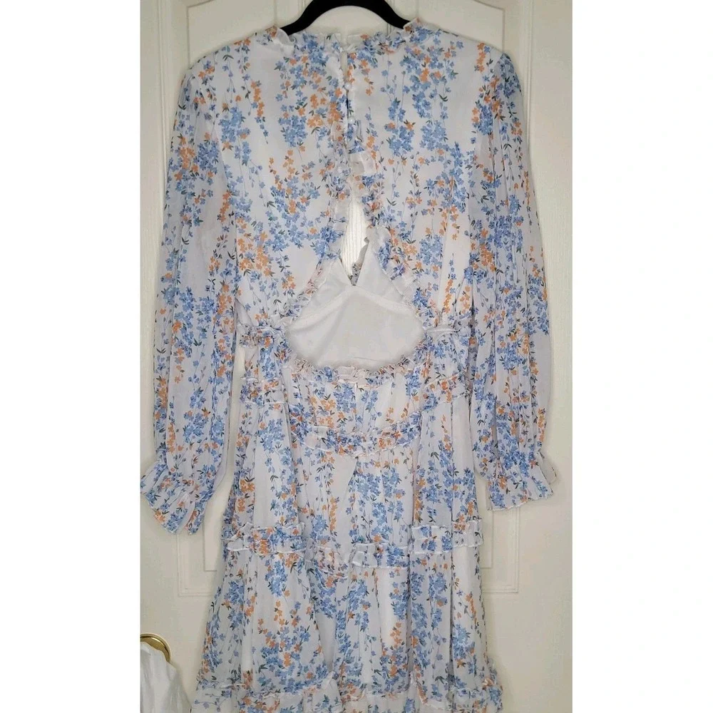 Women's M White Blue Orange Floral Fit & Flare Dress V-Neck Back Cutout Ruffle